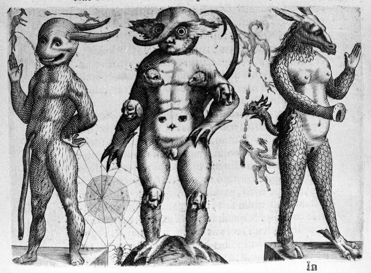 半分人間、半分動物の体を持つ様々なタイプのモンスター人間。イタリアの科学者Fortunio Liceti (1577-1656)の「De monstrorum natura, causis et differentiis」からのエングレーヴィング。1646 作： イタリア語学校