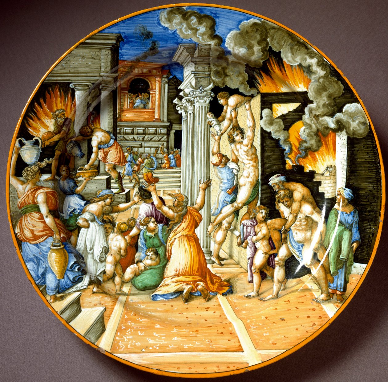トロイの火事の時のエネアスと父アンキセス イタリアのウルビーノで制作された陶板。1560年頃 フィレンツェ、バルジェッロ美術館 - トロイの火事の時のエネアスと父アンキース。ウルビーノで製作された陶板。1560年頃のもの。ナショナルミューズ 作： イタリア語学校