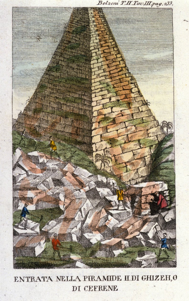Eingang von Belzoni in die Pyramide von Gizeh (Guiseh, Giza, Gizeh) oder Chephren (Altes Reich). Giovanni Battista (Gianbattista) Belzoni (1778-1823), italienischer Entdecker und Archäologe, hat wichtige archäologische Entdeckungen in Ägypten gemacht. Grav von Italian School