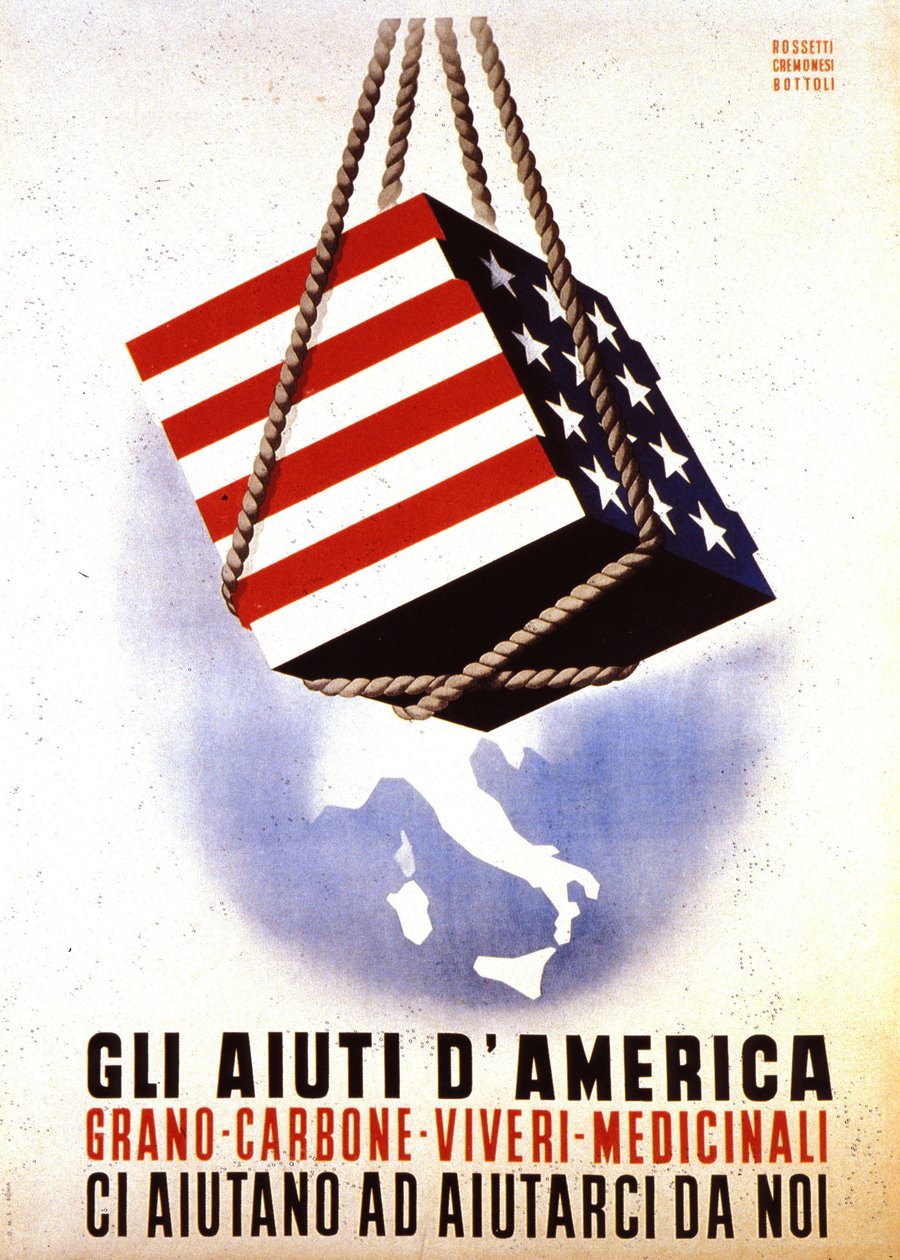 欧州復興計画（ERP）（1948-1952）：「ヨーロッパ復興のためのアメリカの援助」。1948年のロセッティ-クレモネージ-ボットリのポスター（ポスター） 作： イタリア語学校