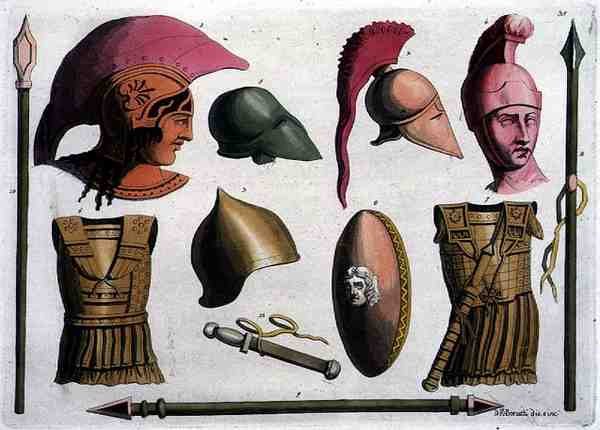 エトルリアの武器と甲冑の例、「Costumi dei Romani」より、D.K.ボナッティが1805～20年頃に彫ったもの（アクアチント 作： イタリア語学校