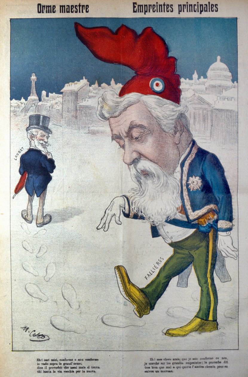 ルベの足跡をたどるファリエール、「ラ・ラナ」より、1910年頃（版画） 作： イタリア語学校