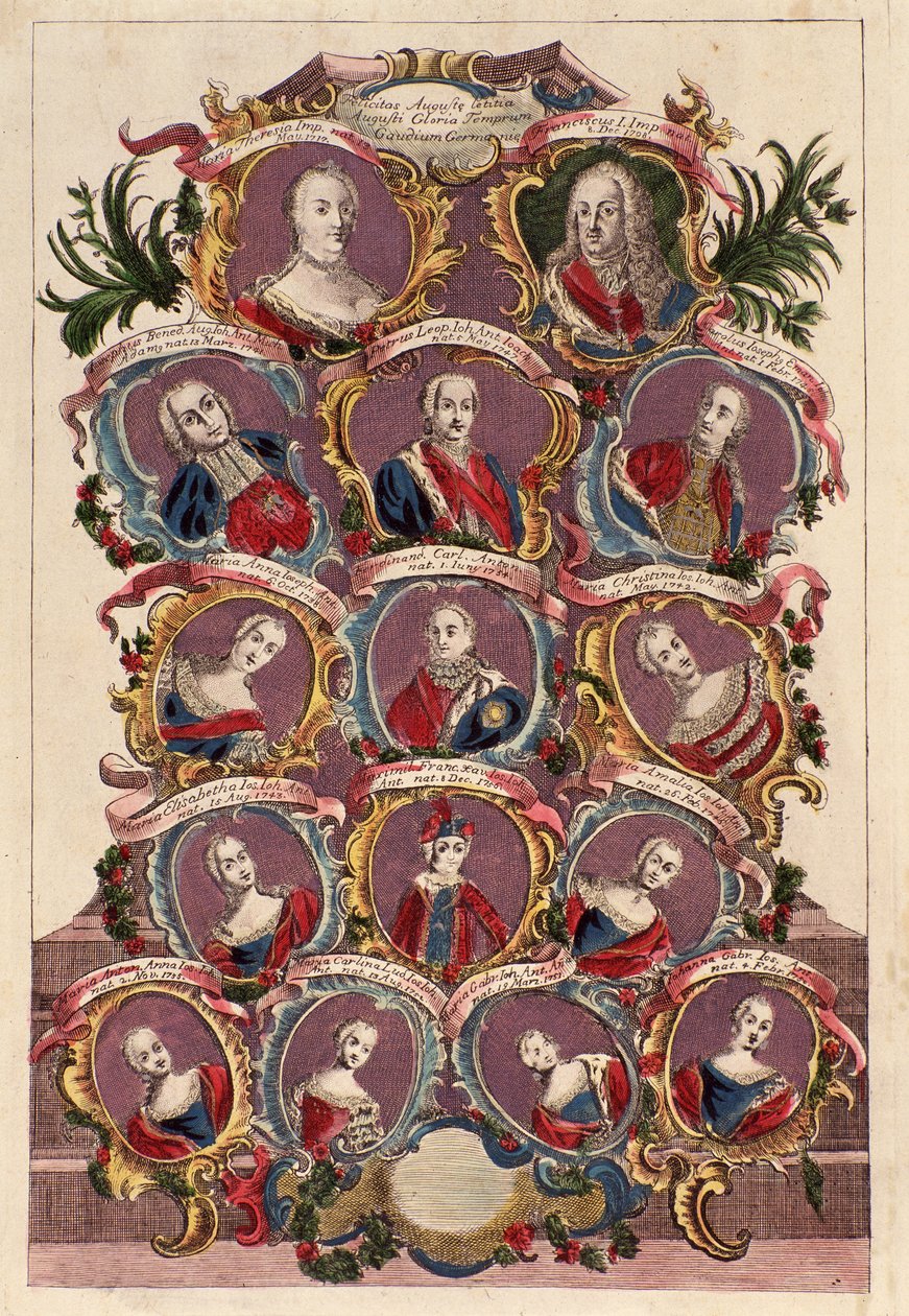 ハプスブルク家の皇后マリアテレジア（1717-1780）と家族のフランシスIと子供：マリアエリザベス、ジョセフII、マリアアマリア、レオポルドII、フェルディナンド、マクシミリアン 作： イタリア語学校