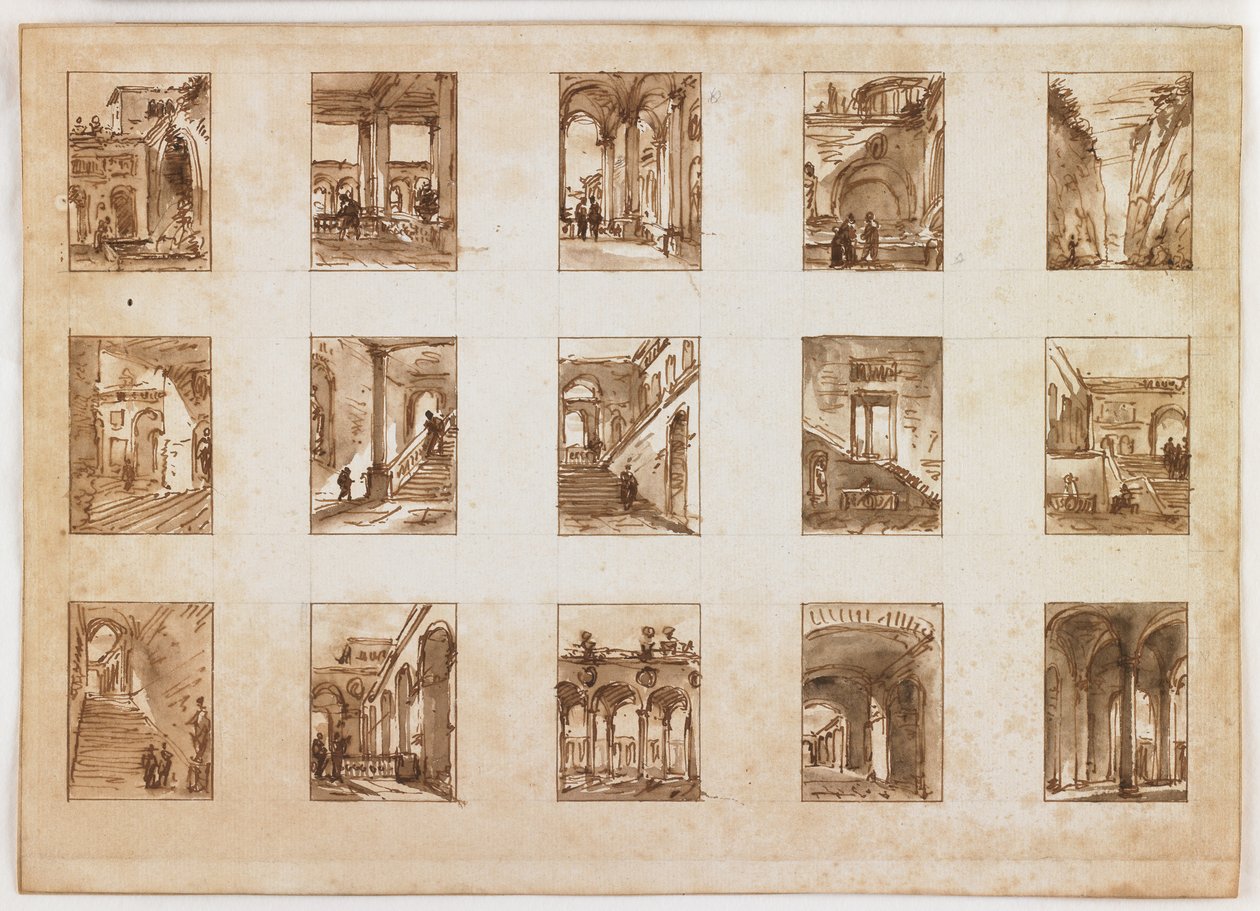 15のミニチュア建築とイタリアの眺め（紙のグラファイトの上にウォッシュしたペンと茶色のインク） 作： イタリア語学校
