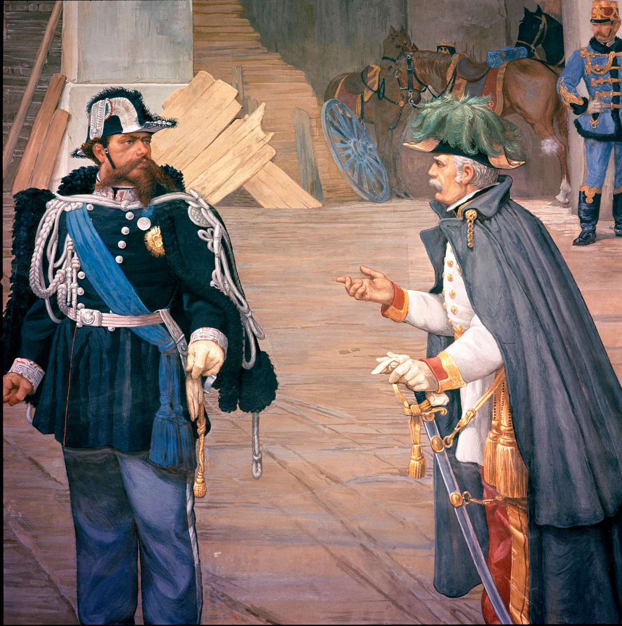 第一次イタリア独立戦争：「1849年9月13日のノヴァラ(Novara)の戦い」ビコークの戦いとも呼ばれる。戦いの後のヴィットリオ・エマヌエーレ（ヴィクトル・エマヌエル）（Victor-Emmanuel）2世（1820-1870）とジョセフ・ラデツキー（1766-1858）。フレスクのディテール 作： イタリア語学校