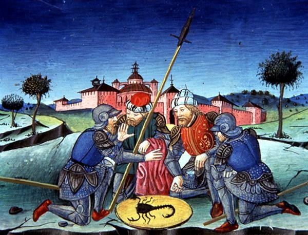 Fol.118v キリストのチュニック (ベラム) のためにくじを引く兵士たち 作： イタリア語学校