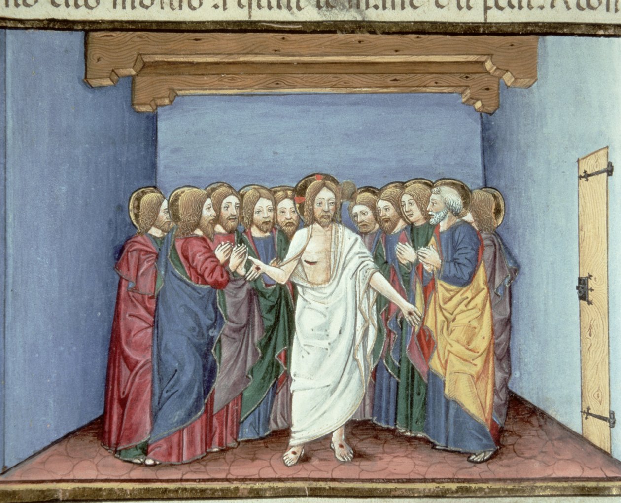 Fol.135v 裁判官を恐れて一つ屋根の下に集まった弟子たちにイエスが現れる (ベラム) 作： イタリア語学校