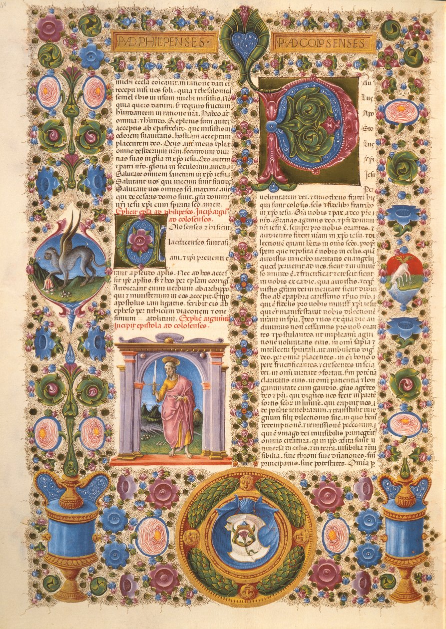 Fol.204v 聖パウロからコロサイ人への手紙、ボルソ デステ聖書より。 Vol 2 (ベラム) 作： イタリア語学校