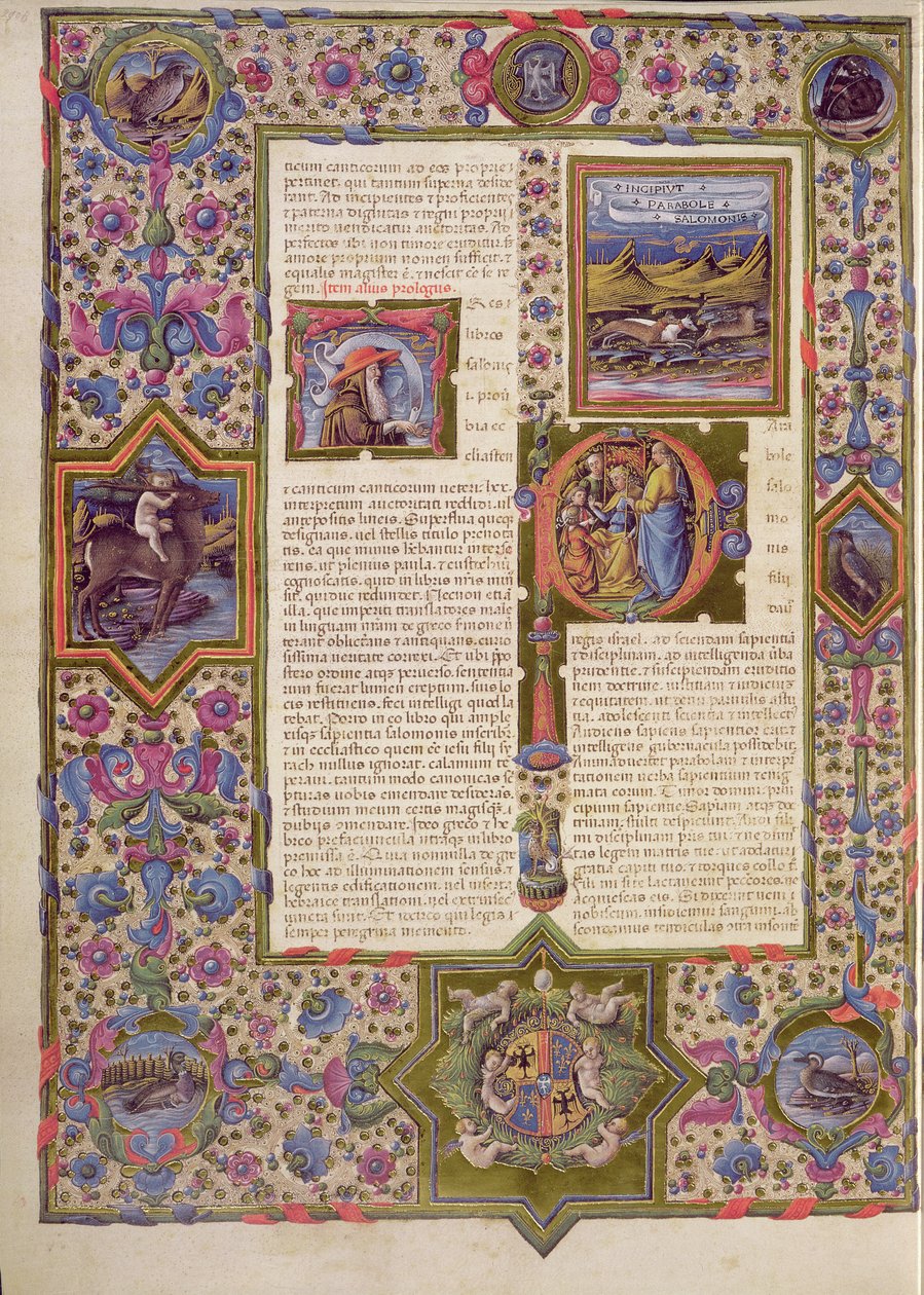 Fol.270v ボルソ デステ聖書からのソロモン書のオープニング。 Vol 1 (ベラム) 作： イタリア語学校
