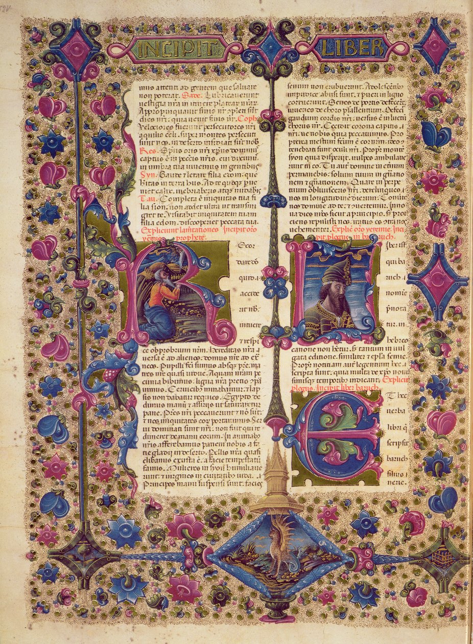 Fol.52v ボルソ・デステ聖書からの預言者バルークの書へのオープニング。 Vol 2 (ベラム) 作： イタリア語学校