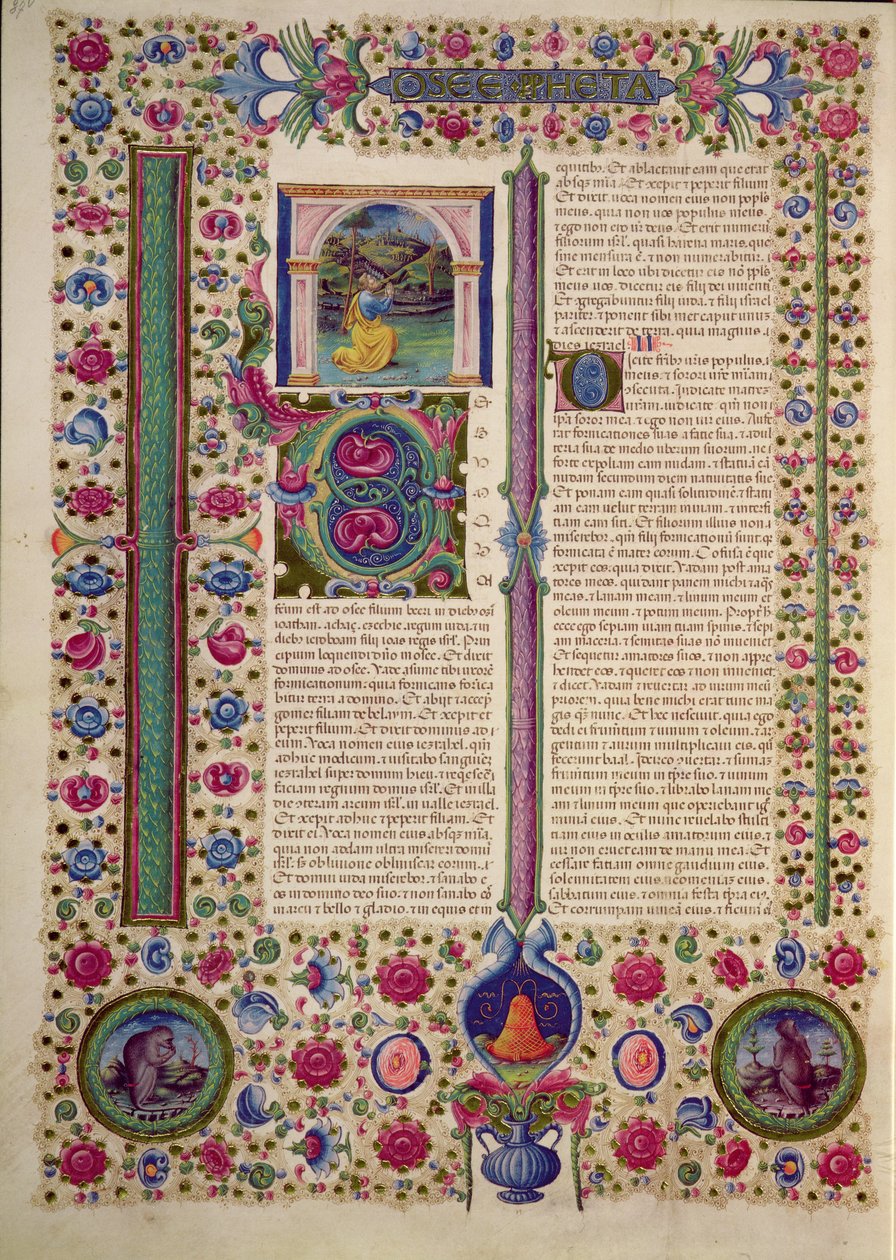 Fol.87v ボルソ デステ聖書からの預言者ホセア (偶像崇拝のユダヤ人に対して説教するマイナーな預言者) の書のオープニング。 Vol 2 (ベラム) 作： イタリア語学校