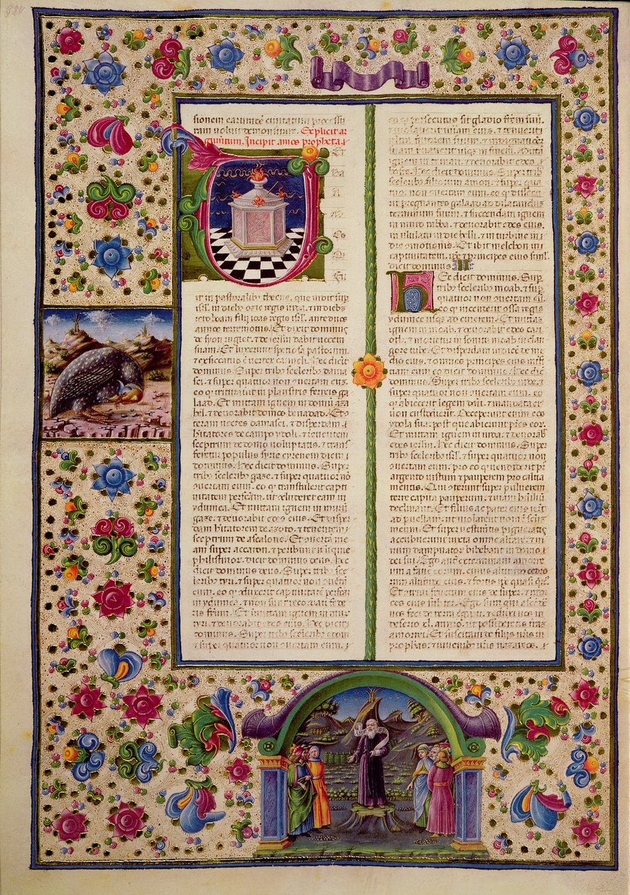 Fol.92v ボルソ・デステ聖書からの預言者アモスの書へのオープニング。 Vol 2 (ベラム) 作： イタリア語学校