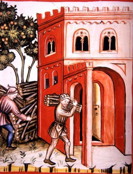 Fol.97v 冬の店、「Tacuinum Santiatis Codex Vindobonensis」のイラスト（ベラム製） 作： イタリア語学校