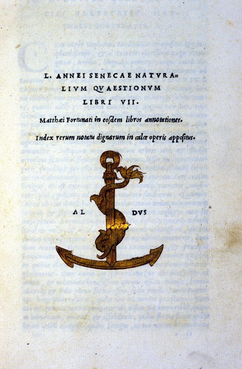哲学者セネカ（Lucius Annaeus Seneca、紀元前2年～紀元後65年）の『自然の疑問集VII』の扉。1503年にヴェネツィアの学者であり印刷者であるアルド・マヌツィオ（Alde Manonce）（1450 - 1515）が印刷したもの。 作： イタリア語学校