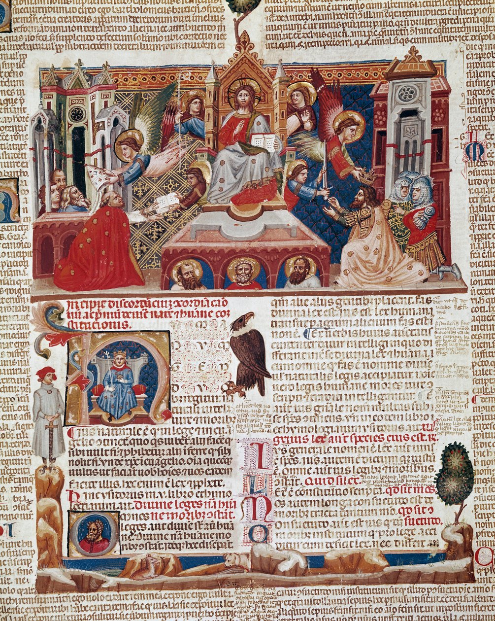 ローマ・カトリック教会の法律と規範を規定した1140年の "Decret de Gratien"（"Concordia discordantium canonum "または "Decretum Gratiani"）の写本の表題ページ。14世紀 シエナ、ビブリオテカ・デッリ・イントロナティ 作： イタリア語学校