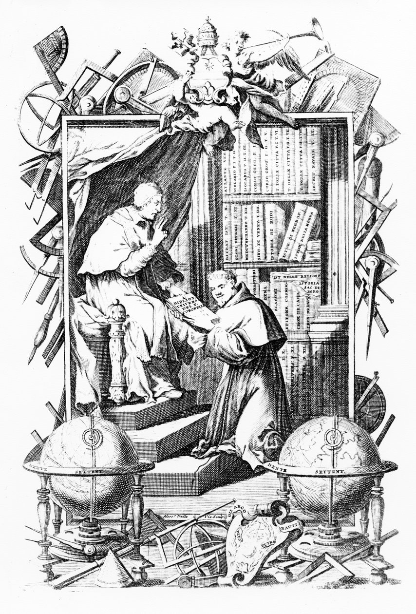 Sacro-Profane Universal Libraryのフロントピース、Vol。1、Vincenzo Coronelli作、Alessandro dalla Viaによる印刷、1701年発行 作： イタリア語学校