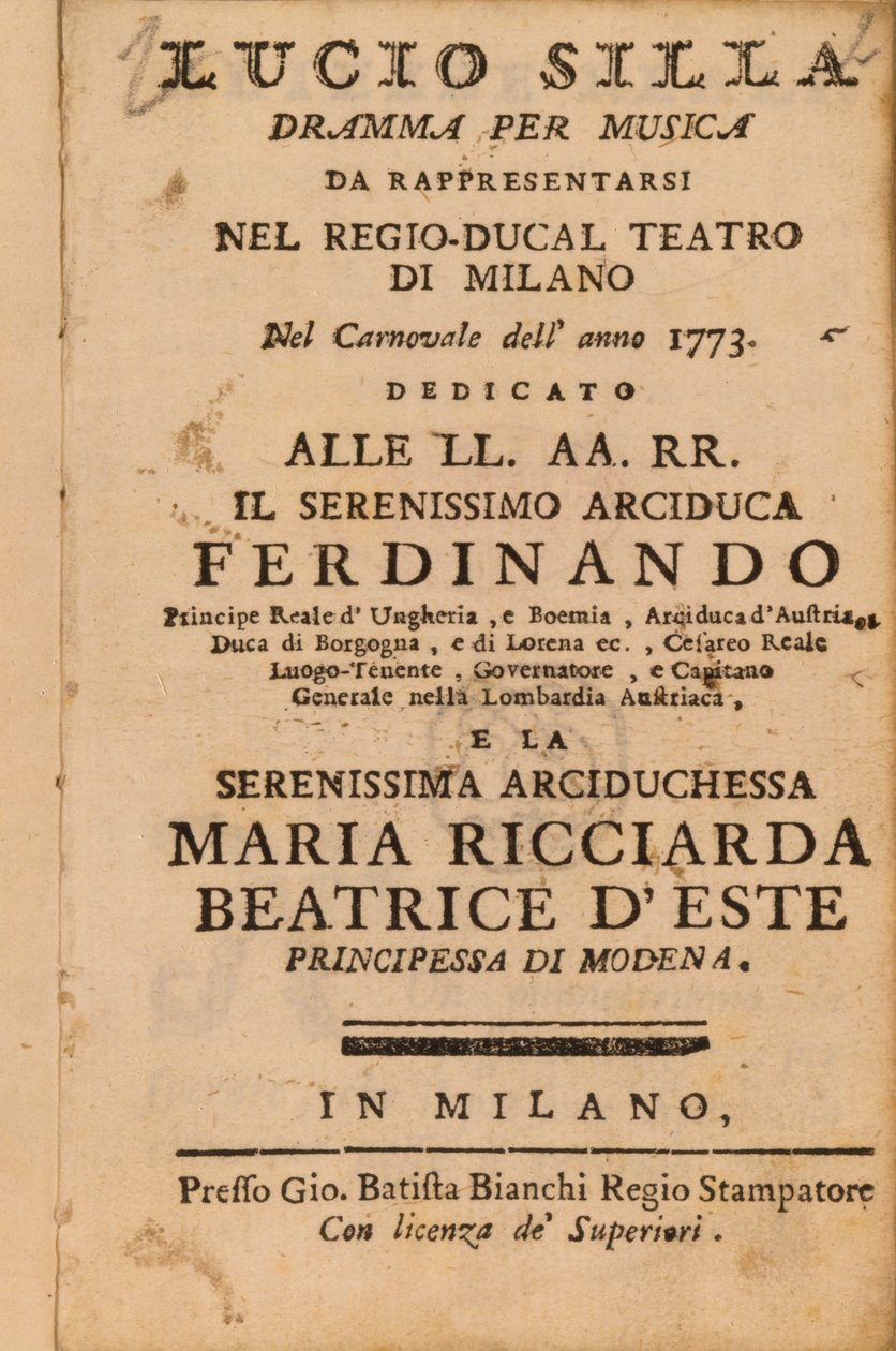 1773年にミラノで公演されたMozarts Lucio Sillaの前作 作： イタリア語学校