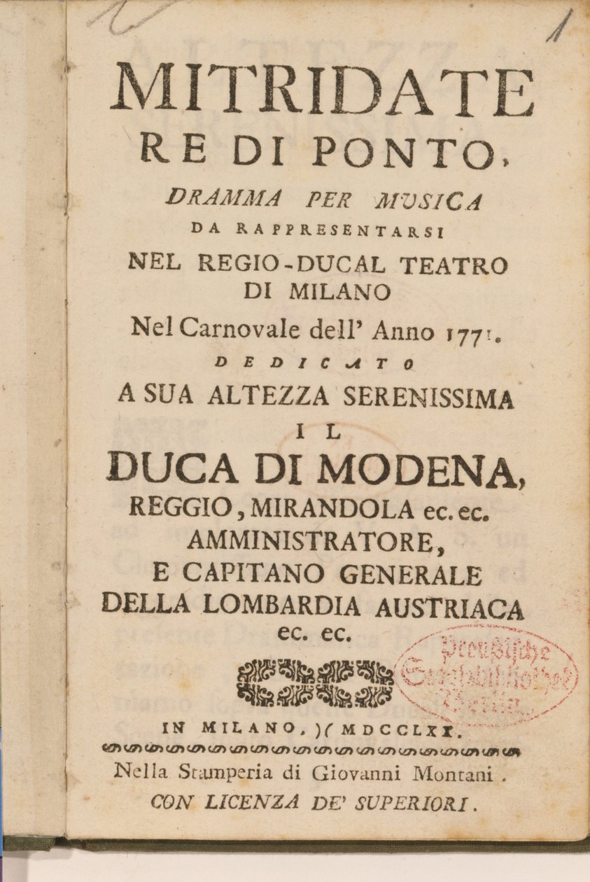 ヴォルフガングアマデウスモーツァルト作のオペラ「Mitridate、re di Ponte」（1770年）の初期のコピーからの口絵 作： イタリア語学校