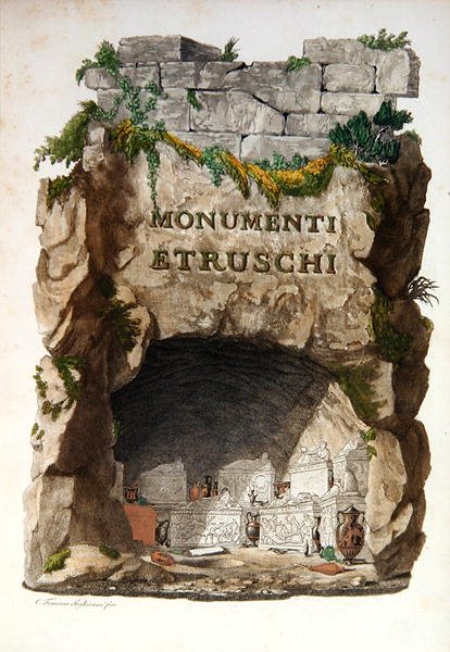 フィエーゾレで出版されたフランチェスコ・インギラミ(1772-1846)の「Monumenti Etruschi」の扉絵。 作： イタリア語学校