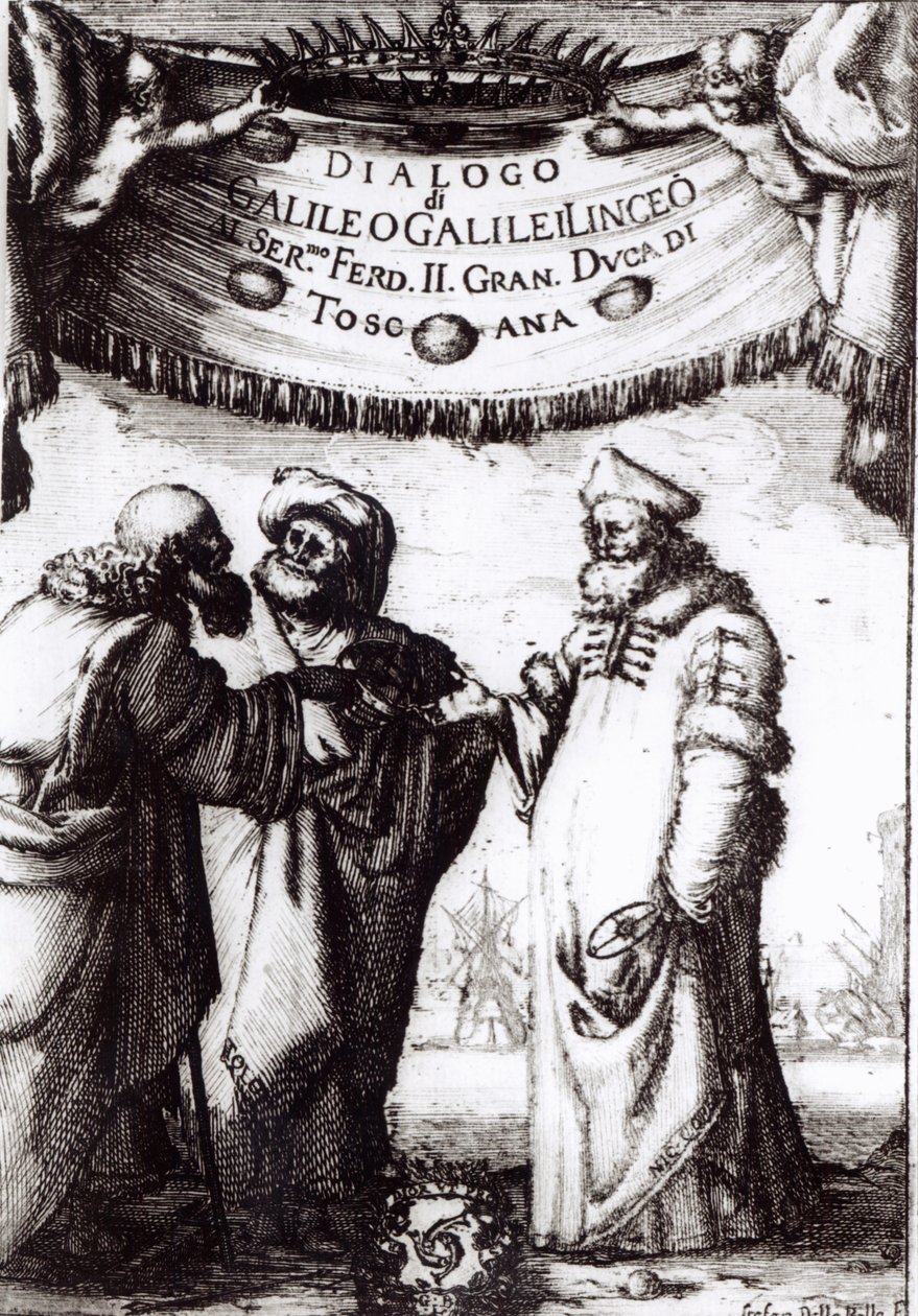 1632年に発表された、ガリレオによる世界で最も優れた2つのシステムに関する対話の口絵 作： イタリア語学校