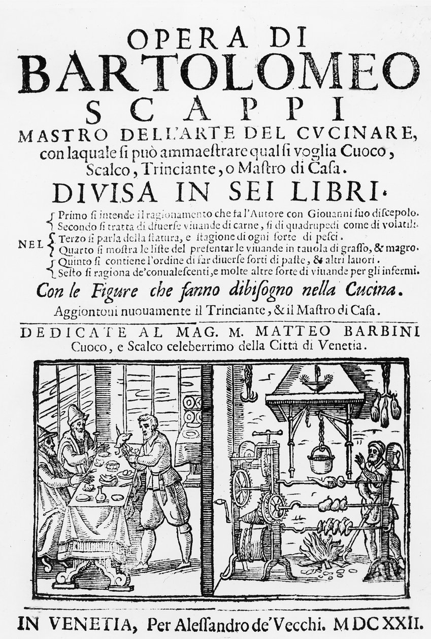 バルトロメオスカッピの料理本の口絵、1622年 作： イタリア語学校