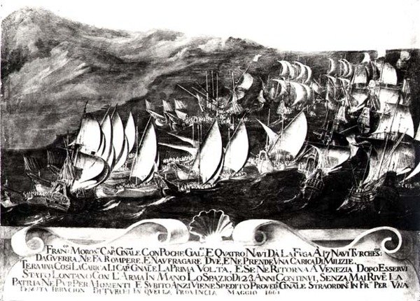 フランシスコモロシーニ将軍（1618〜94年）とヴェネツィア艦隊、クレタ島沖のトルコ艦隊との遭遇、1661年5月 作： イタリア語学校