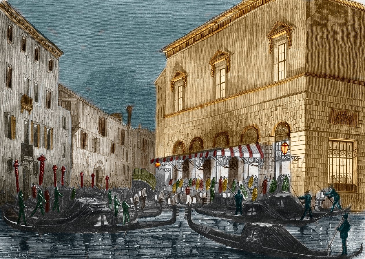 イタリア、ベニスのラフェニーチェ劇場の外で観客を待っているゴンドラは、ルモンドIllustre n°564、1868から 作： イタリア語学校