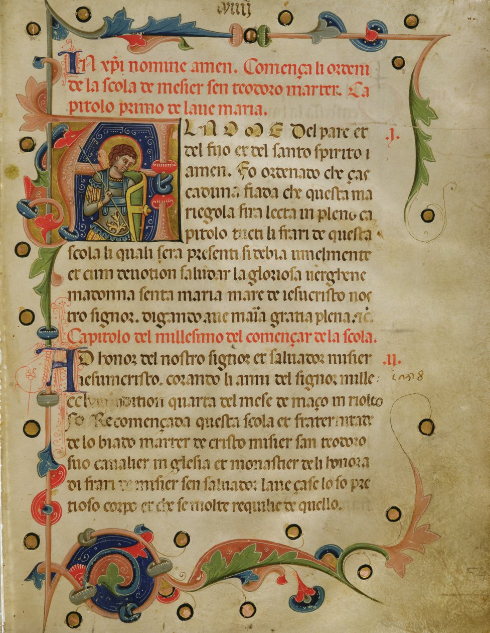 1350年のマリエゴラの聖セオドアを示す歴史的イニシャル「A」（ベラムのインク） 作： イタリア語学校