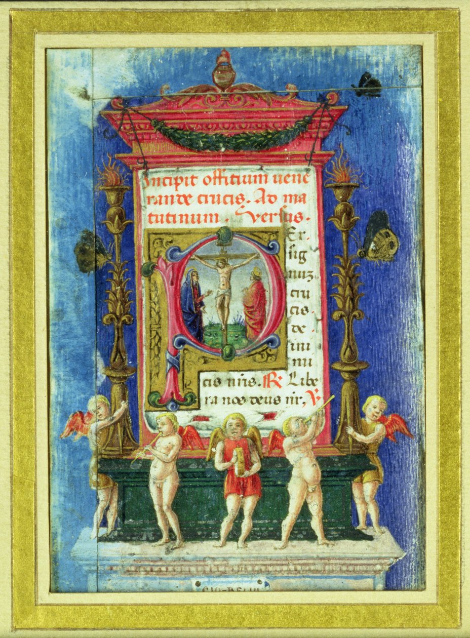 磔刑を描いた歴史的なイニシャル「P」、時間の書 (ベラム) のページ 作： イタリア語学校