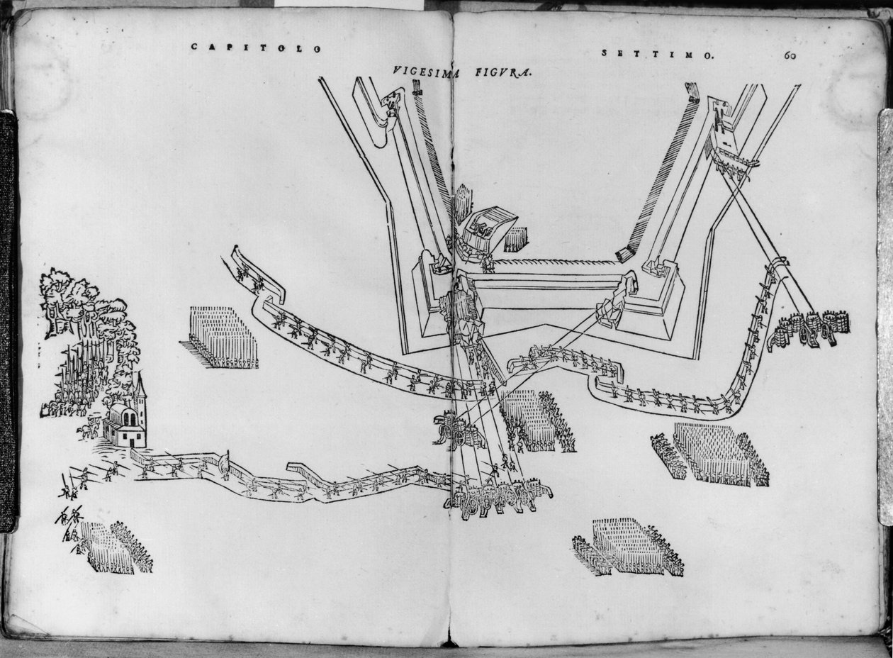 発砲ポストを調整する方法と壁の角度を選択する方法、Opera nuova di fortificare（Girolamo Cataneo Novarese（fl。c.1540-84）Brescia、1564）の図 作： イタリア語学校