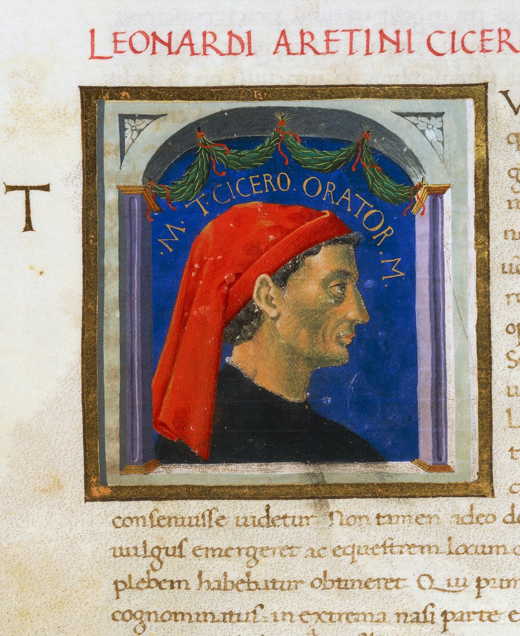 キケロのプロフィールを含む照らされたページ、ボリューム I、左 1、f 303 r、Vitae virorum illustrium、プルタルコス (ca 46-127) 作、写本、イタリア 作： イタリア語学校