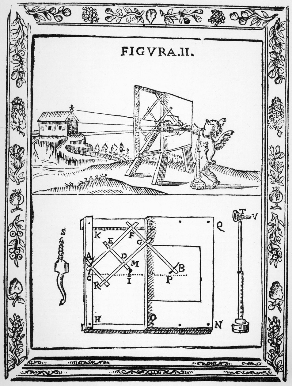 1683年に公開されたオリジナルから、パンタグラフを使用して遠近法で描くというジュリオトロイリスのアイデアのイラスト 作： イタリア語学校