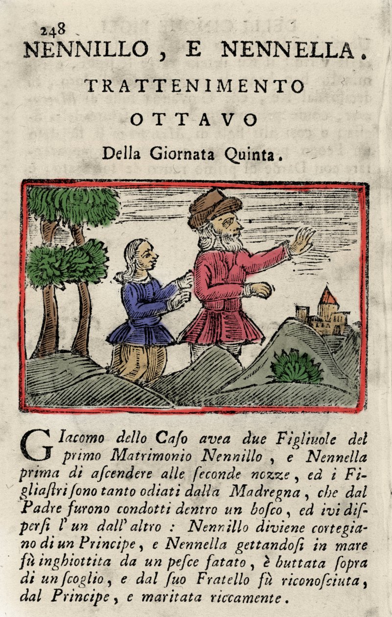 ジャンバッティスタ・バジーレ（1575-1632）の物語「Poucet et Poucet（Nennillo e Nennella）」の挿絵（『Pentamerone』第5日、第8話より）。ナポリ1754年のエディション。 作： イタリア語学校