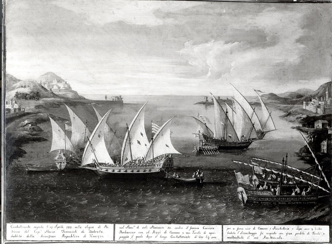 1751年4月17日、ベニスのキャプテンイワノビッチダダブロタとトルコ海賊バルバロッサの間のパトラス沖での事件 作： イタリア語学校