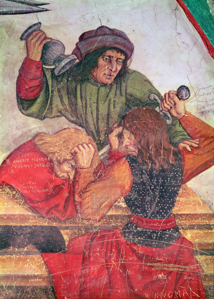 旅館の内部、酒飲みの戦いの詳細（フレスコ画） 作： イタリア語学校
