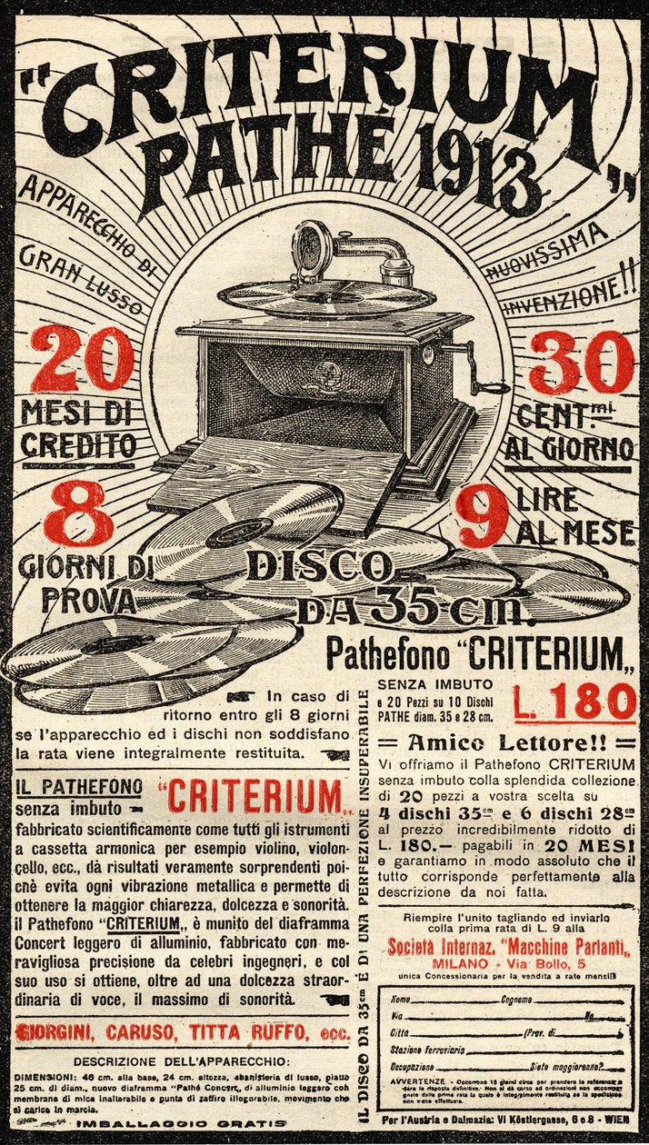 Pathéブランドの蓄音機Criteriumのイタリア広告。 作： イタリア語学校