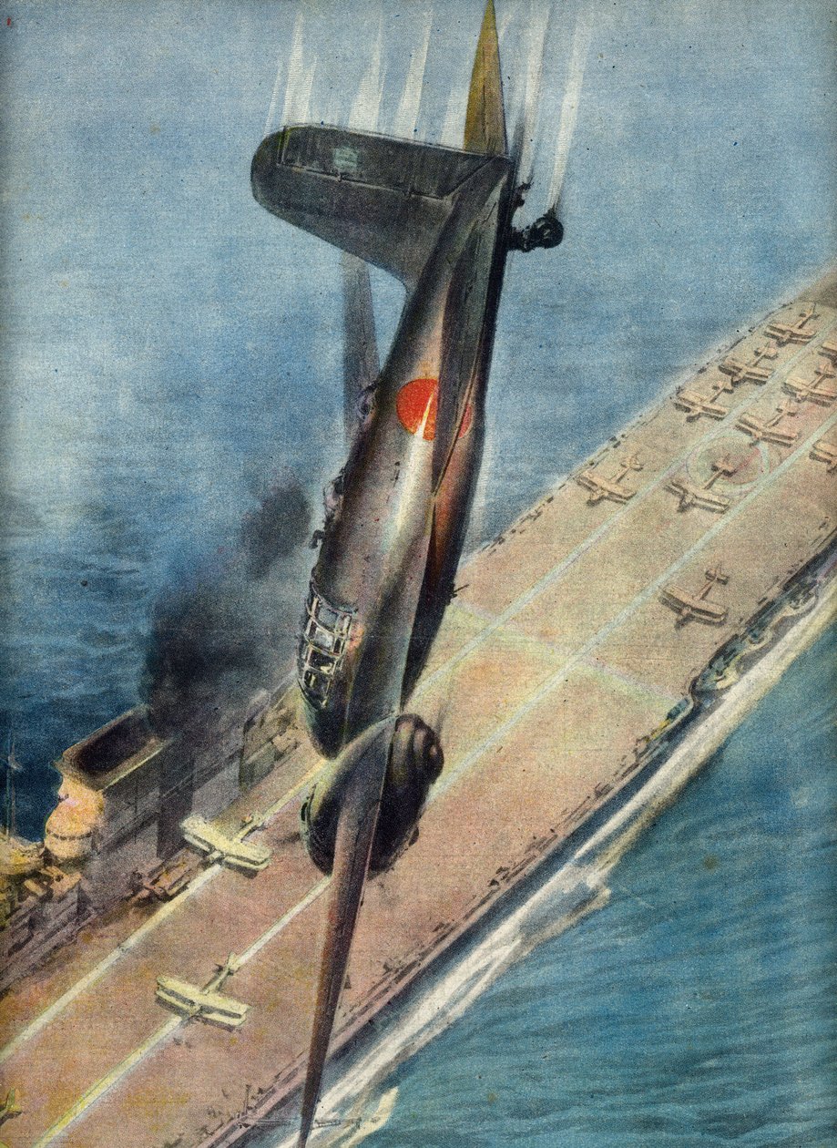 英空母を攻撃する特攻隊員アベ、1944年11月5日付「ラ・ドメニカ・デル・コリエーレ」の挿絵（印刷物） 作： イタリア語学校