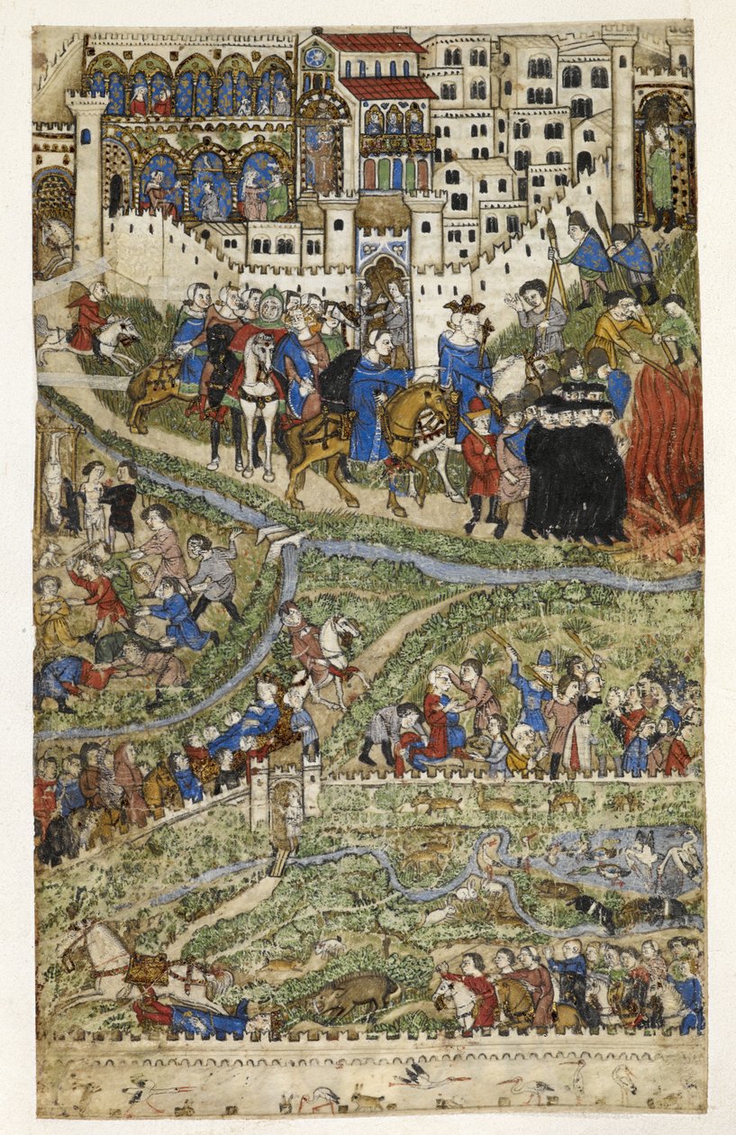 MS Add.27695 fol.6v テンプル騎士団の滅亡とフランス王フィリップ 4 世 (1268-1314) の死、14 世紀後半、ジェノヴァのコシャレリによる「悪徳の扱い」の挿絵 (ベラム) 作： イタリア語学校