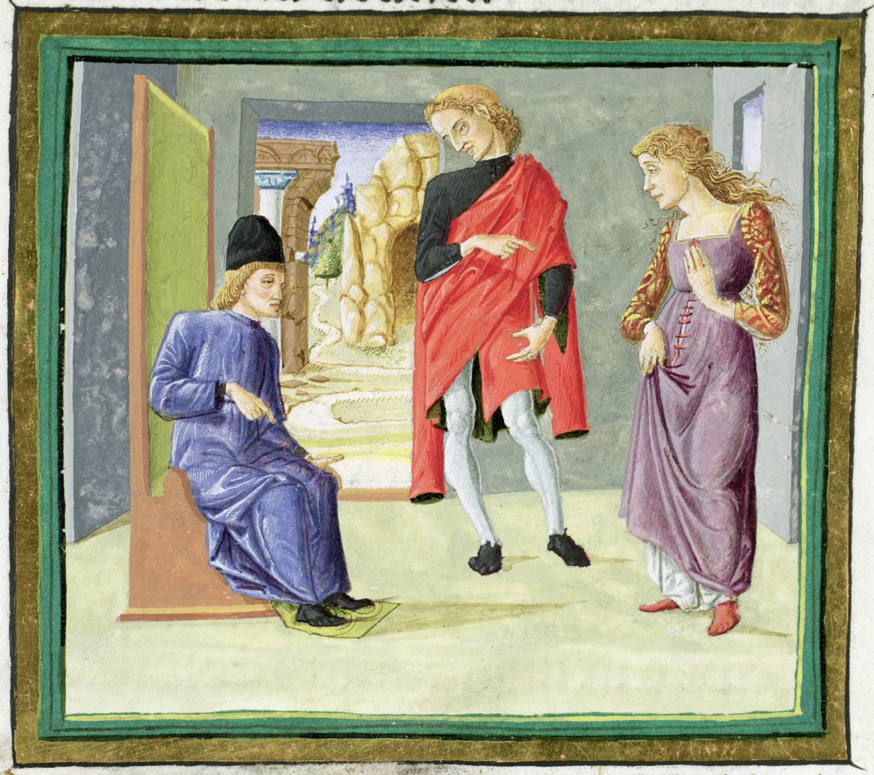 裁判官の前の男と女、「Decretum Gratiani」（ベラム）より 作： イタリア語学校