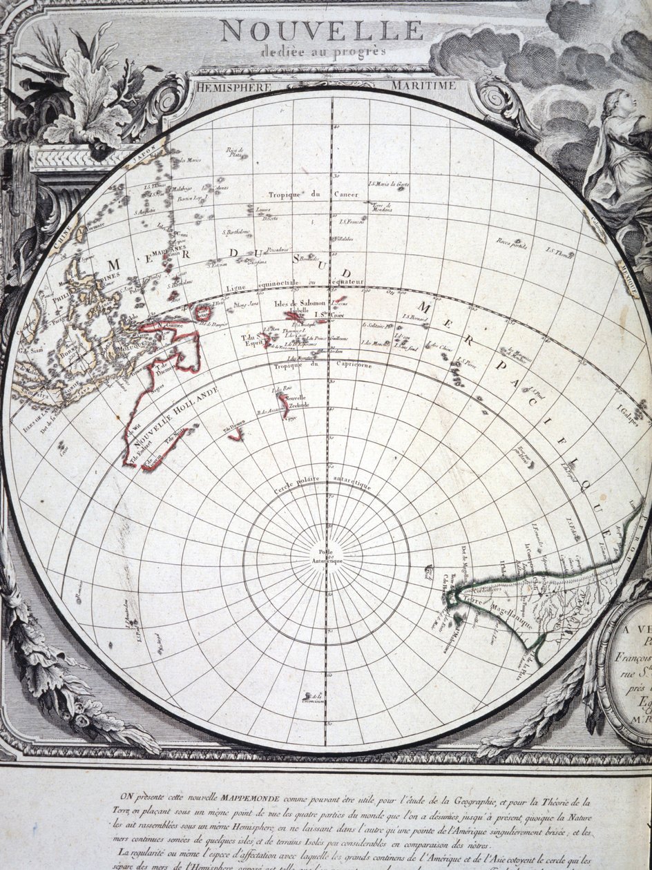 18世紀にベニスで彫られた太平洋の地図。 作： イタリア語学校