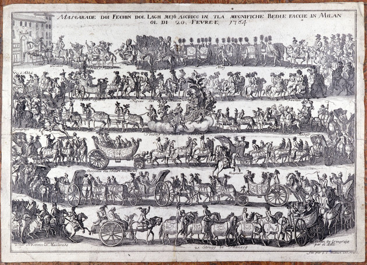 マスカレード：カーニバルの際の仮面をつけた人々の行列と踊り。ミラノ 1764年02月20日 18世紀のエングレーヴィング 作： イタリア語学校