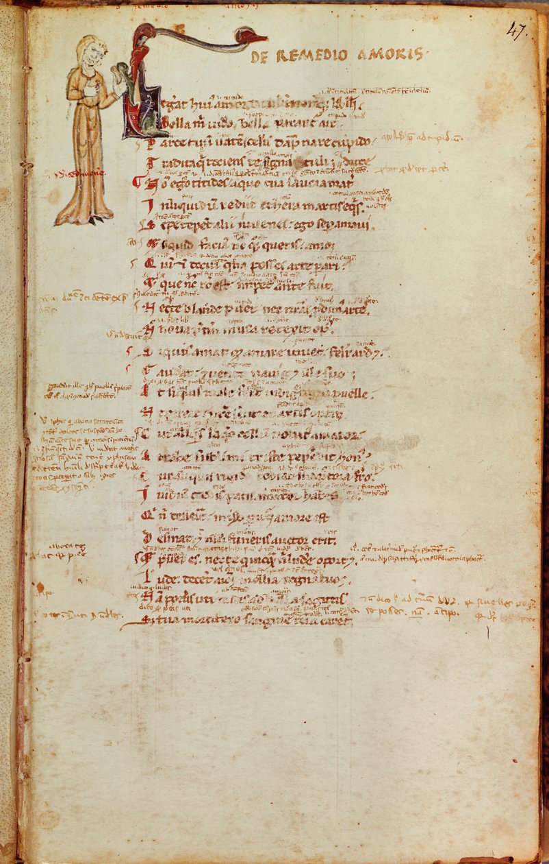 Ms 19 fol.47 OvidによるLArt dAimer（紀元前43-17年）からの歴史のあるイニシャルを含むテキストのページ 作： イタリア語学校