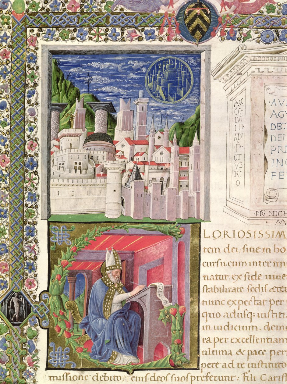 Ms 218 f.2r 神の都市としてのローマの眺め、および聖アウグスティヌスの書き込み、ヒッポの聖アウグスティヌス (354-430) による「De Civitation Dei」から 1459 (ベラム) 作： イタリア語学校