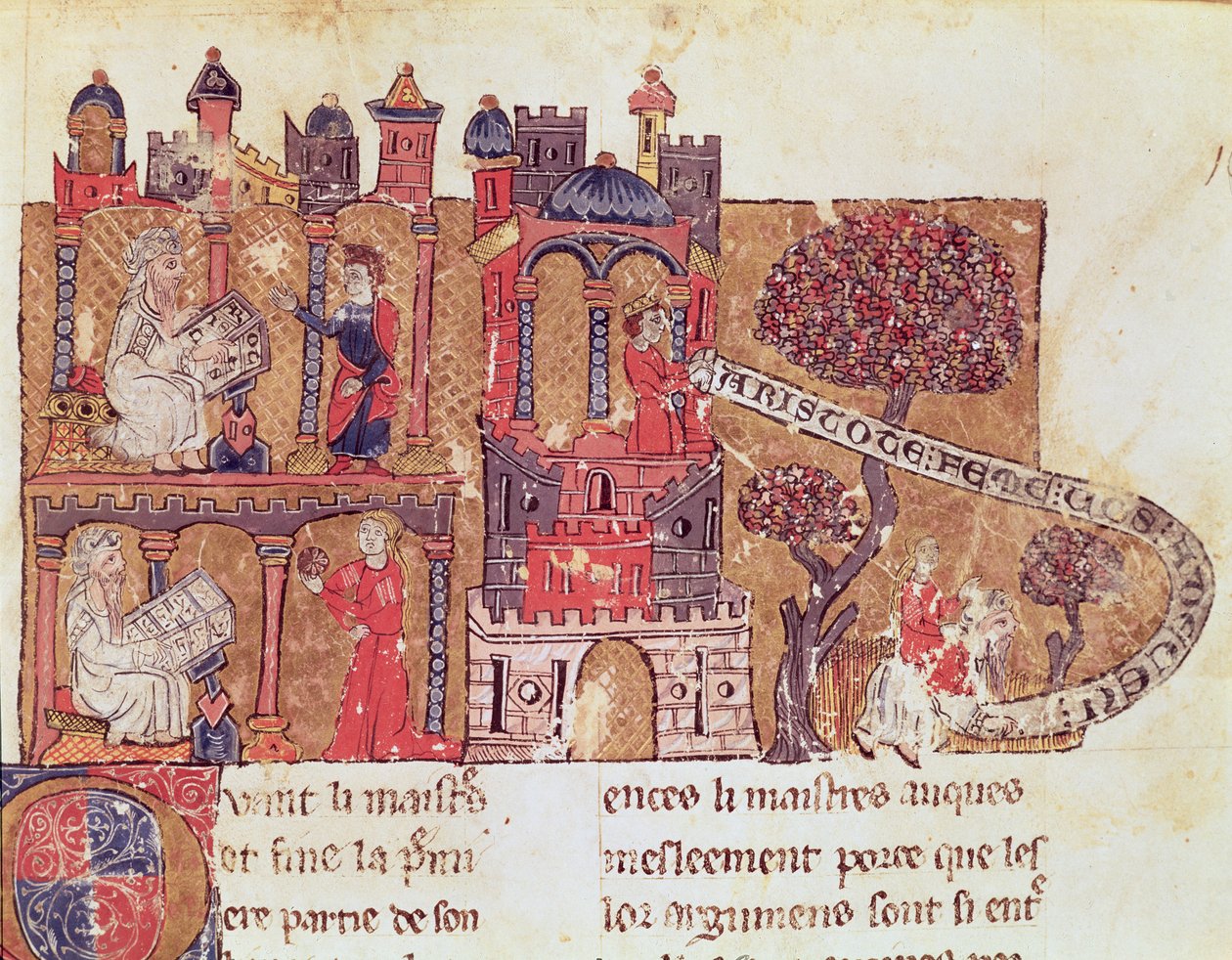 Ms 269 Fol.108アリストテレス（紀元前384〜322年）は、アレクサンダー大王（紀元前356〜323年）に、ブルネットラティーニ（1220〜94年）によるルリヴルデュトレゾールからの道徳および女性の軽蔑を指示します。 作： イタリア語学校