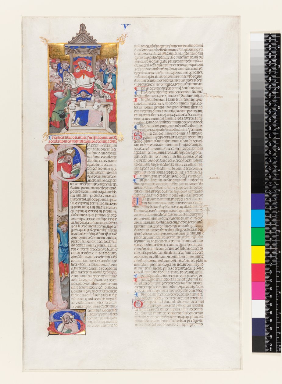 Ms 331 fol.1r歴史的なイニシャルPと、グレゴリー9世の遺言書第V巻、ボローニャのc.1350から投下された枢機卿を描いたミニチュアを含むテキストのページ 作： イタリア語学校