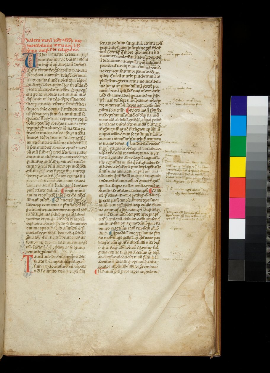 Ms.361。Valerius Maximus, Factorum et Dictorum Memorabilium Libri, f.2r.丸みを帯びたゴシック様式のセミクアドラータ・ブックハンドの例と、対照的なペンで装飾された色付きのイニシャル 作： イタリア語学校