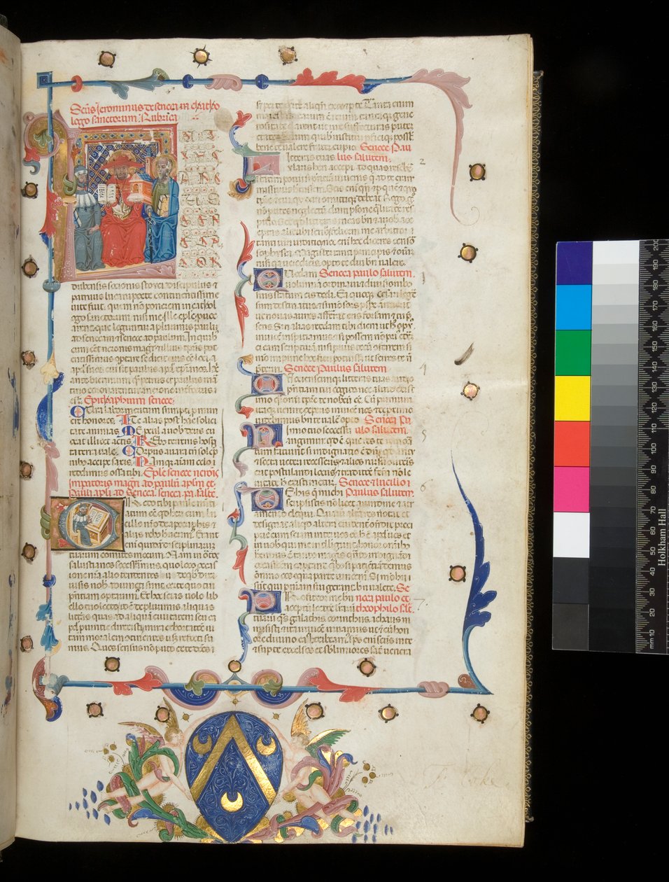 Ms.390です。若き日のセネカ『オペラ』、長き日のセネカ『Excerpta controversiarum』f.1r.ジェローム、聖パウロ、セネカを収容するイニシャル[L]を持つインシピット・ページ、ヴェネト州 作： イタリア語学校