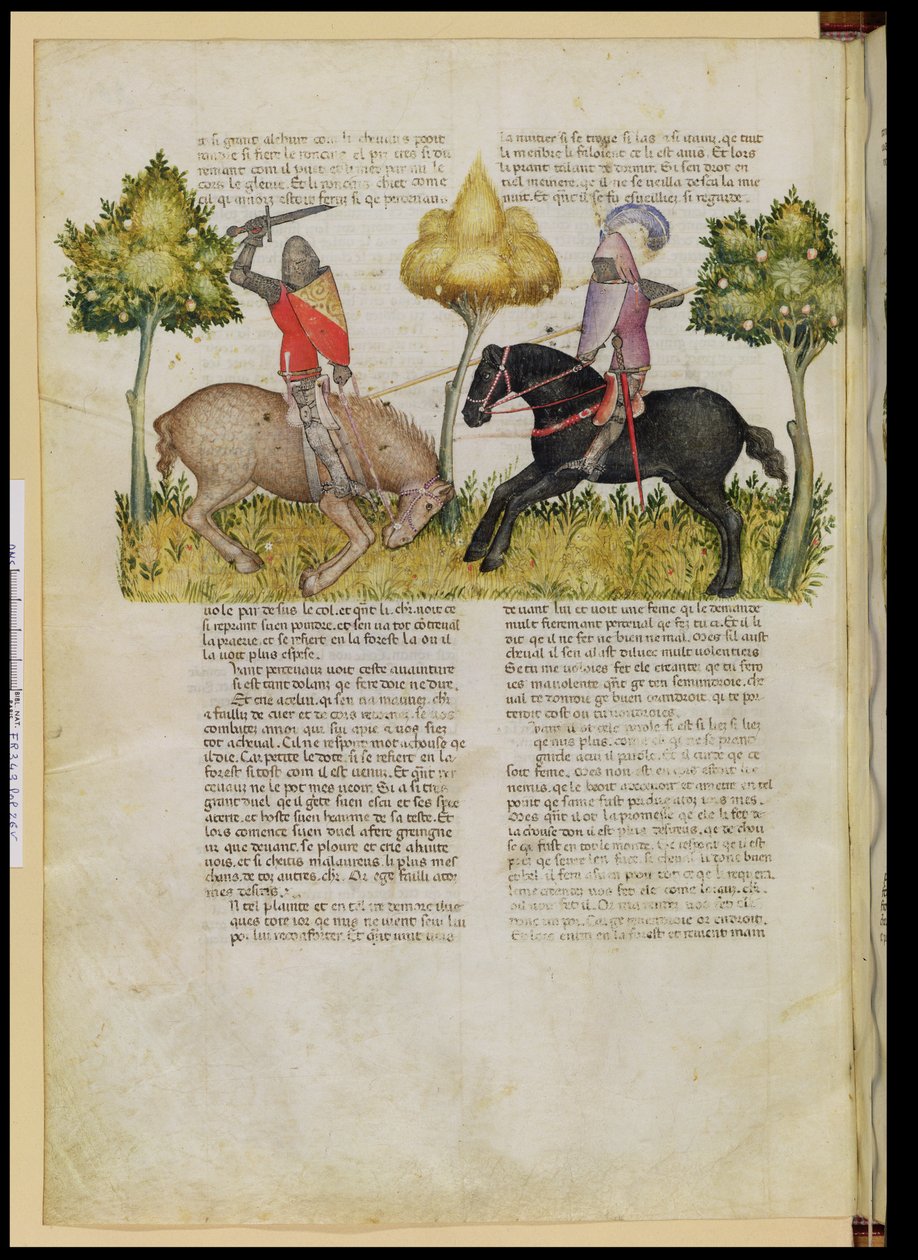 Ms Fr 343 fol.26vサーパーシバルズの馬がクエストデルサングラールから殺された、c.1380-85 作： イタリア語学校