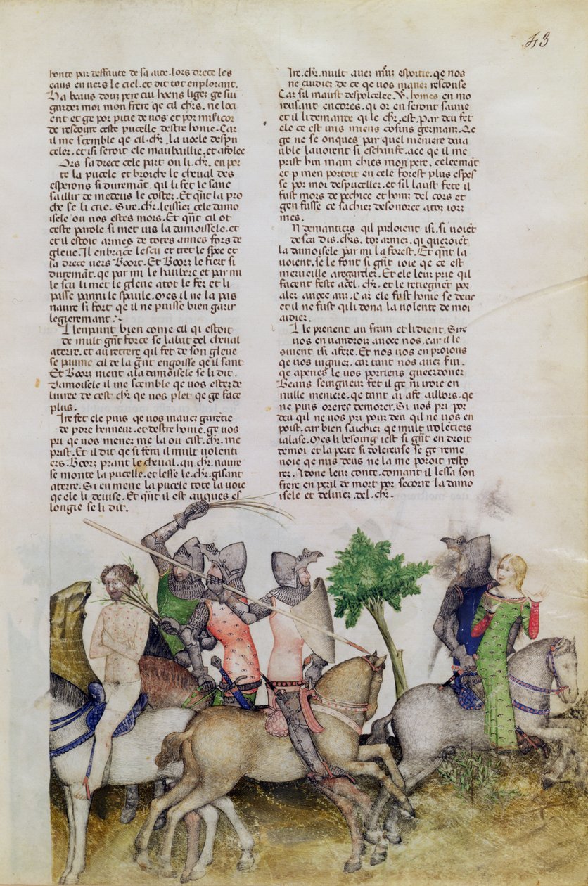 Ms Fr 343 fol.43円卓の騎士であるボース卿は、彼の兄弟ライオネルを救助するか、乙女を救うか、クエストデルサングラールからの選択を強いられます。 作： イタリア語学校