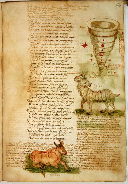 Ms Ital 483 P.4.7 f.156v 牡羊座と牡牛座、Fazio degli Uberti (vellum) の「Dittamondo」より 作： イタリア語学校